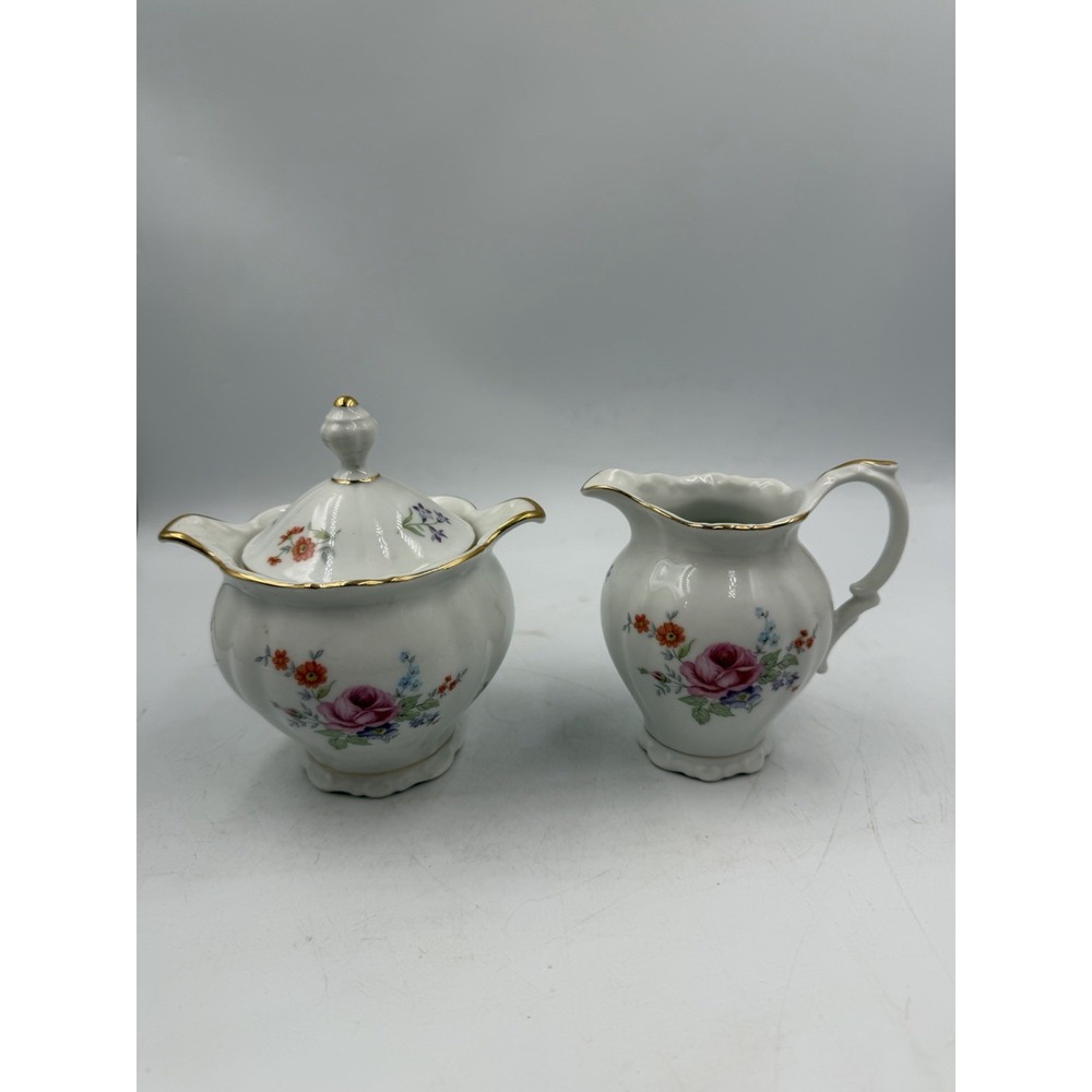 Vintage Bareuther Waldsasse Bavaria Germany Floral Creamer & Sugar Bowl W/ Lid